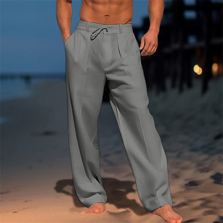 Men’s Relaxed Fit Linen Trousers with Drawstring Waist