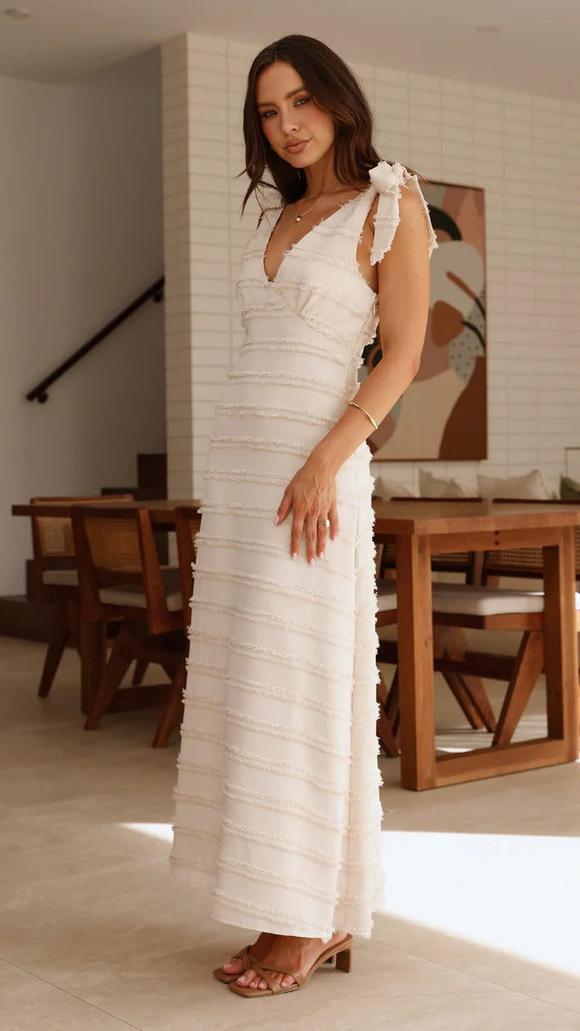 Ruffled Long Dress with Textured Fabric and Bow Straps