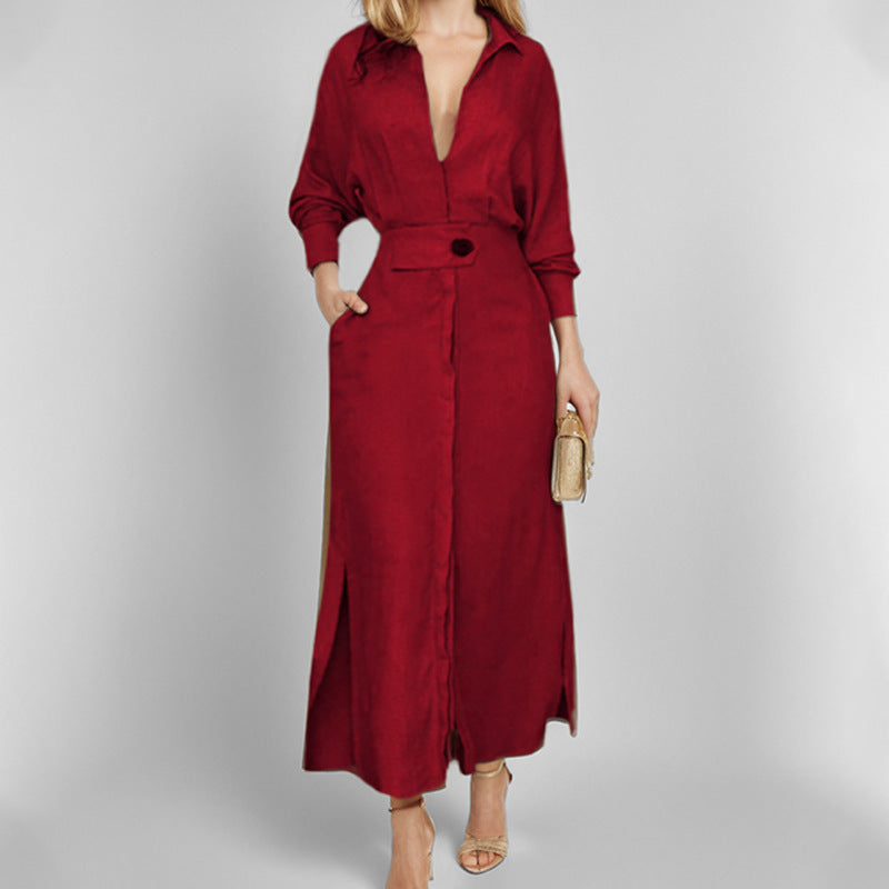 Rive Button-Up Shirt Dress with Side Openings for Easy Styling