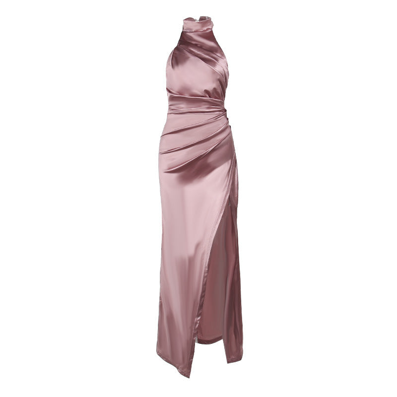 Satin Halter Neckline Dress with Front Slit in Odessa Style