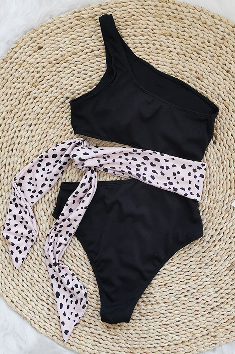 Bicolor One-Shoulder Swimsuit with Bow Detail