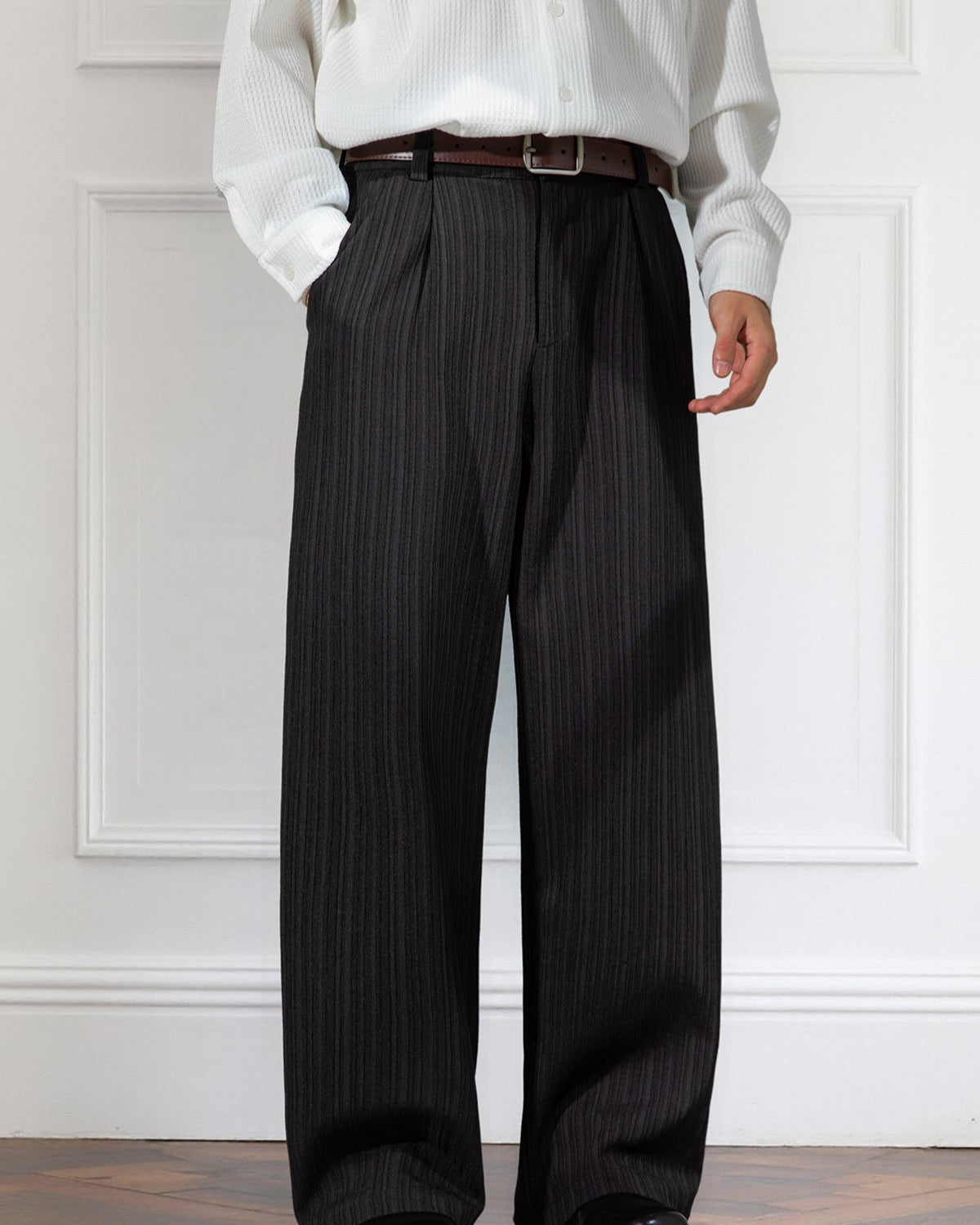 Men’s Draped Stripe Trousers – Loose Pleated Straight-Leg Fit