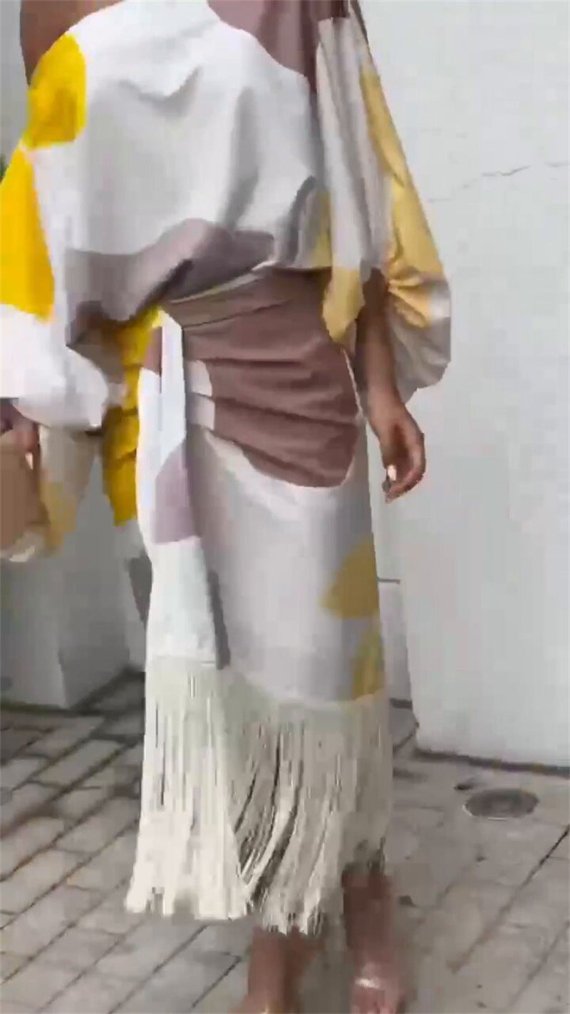 Asymmetrical Fringed Set with Geometric Print Design