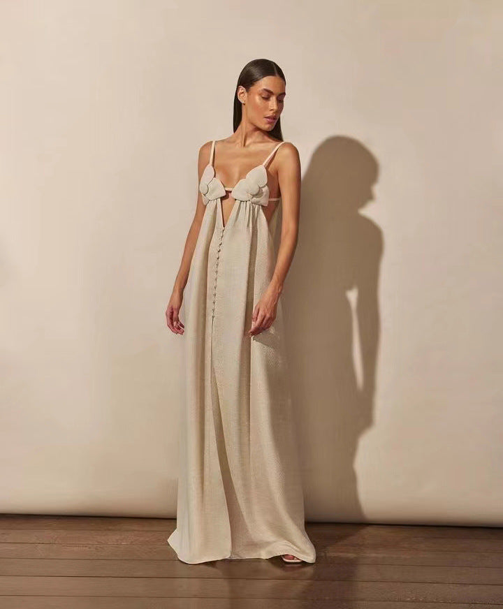 V-Neck Celeste Maxi Dress with Floral Slit