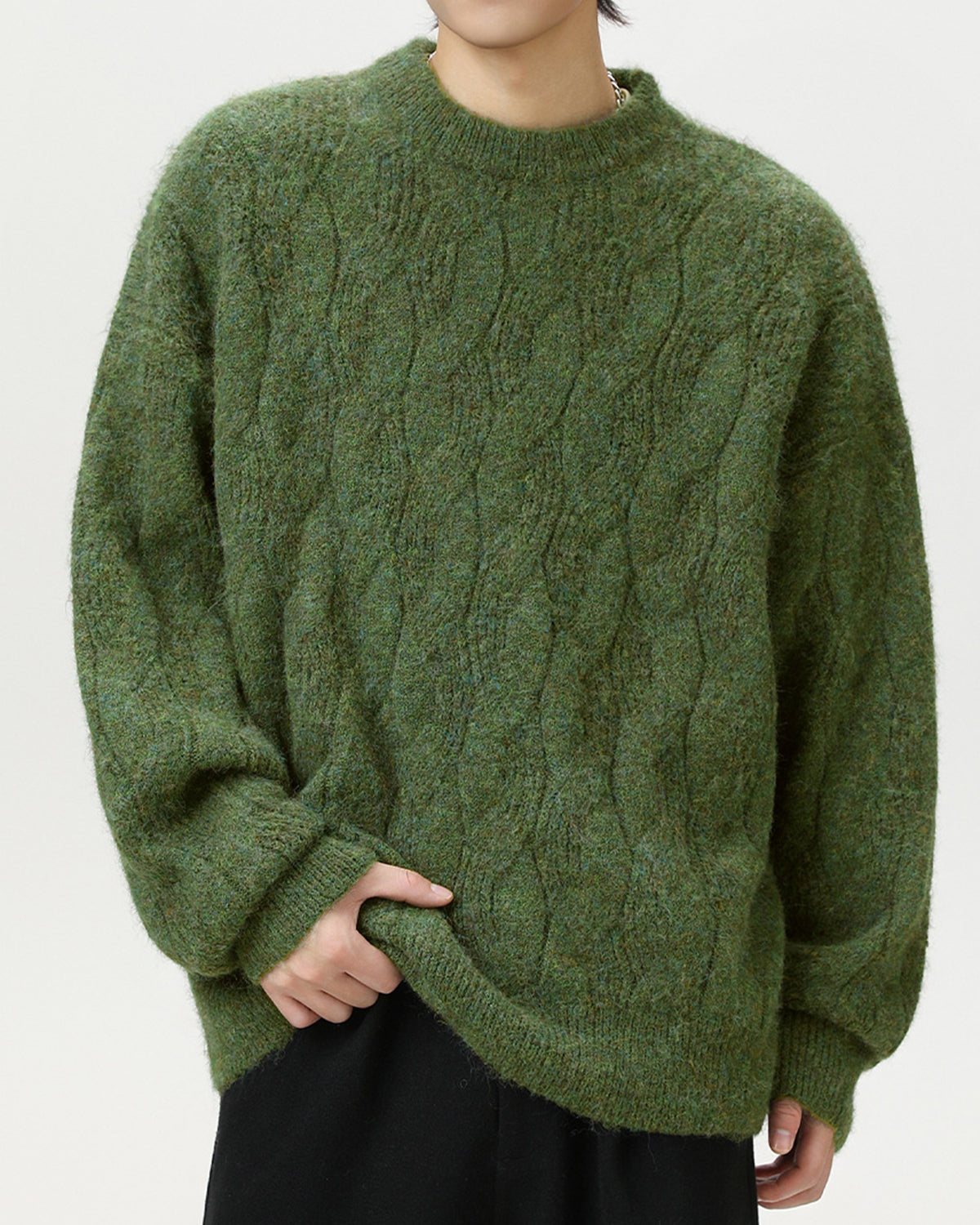 Men’s Oversized Cable-Knit Wool Blend Crewneck Sweater