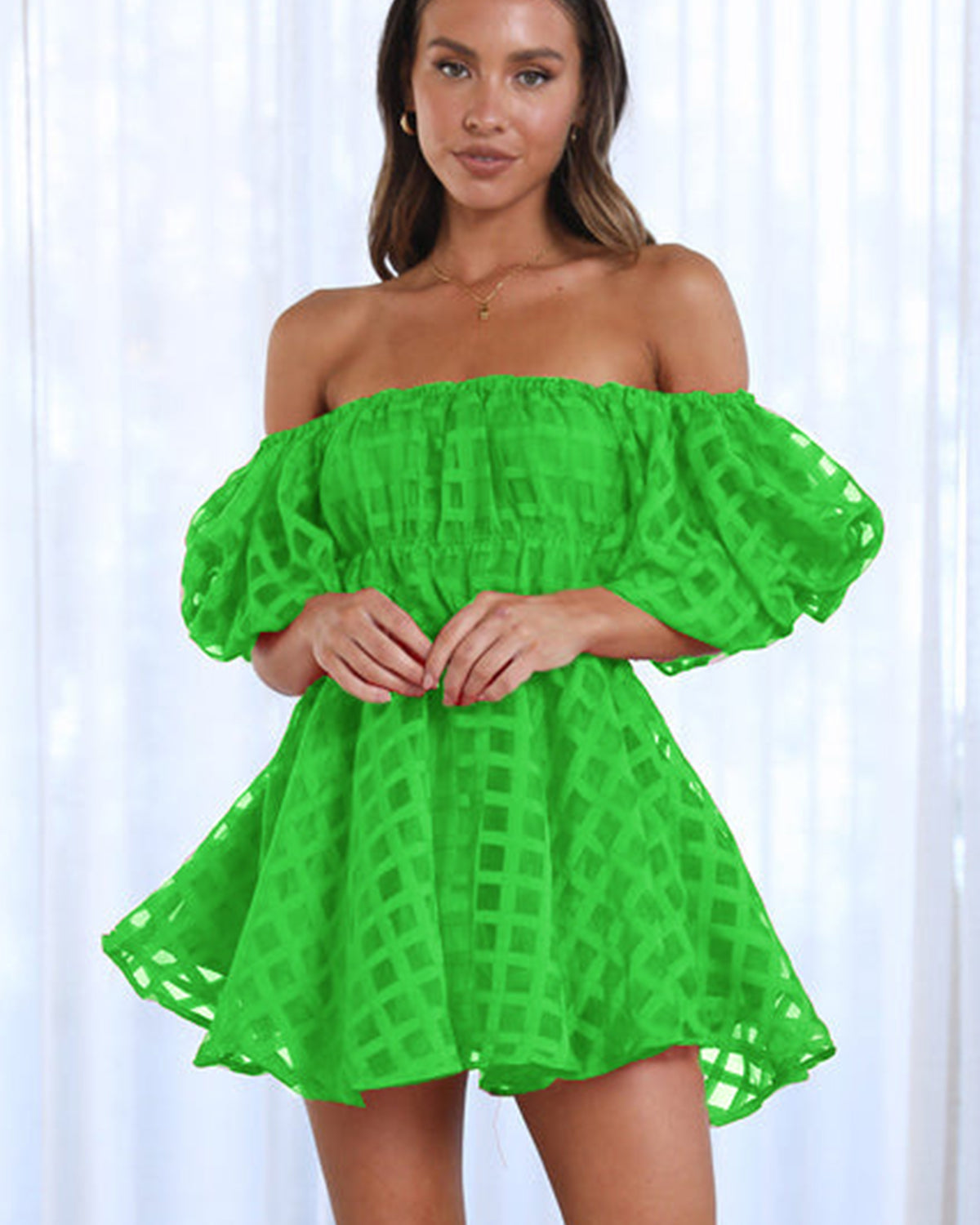 Puff Sleeve Mini Dress with Check Pattern