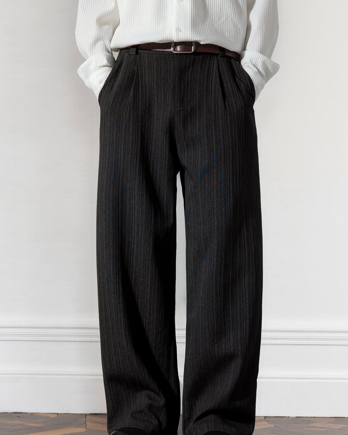 Men’s Draped Stripe Trousers – Loose Pleated Straight-Leg Fit