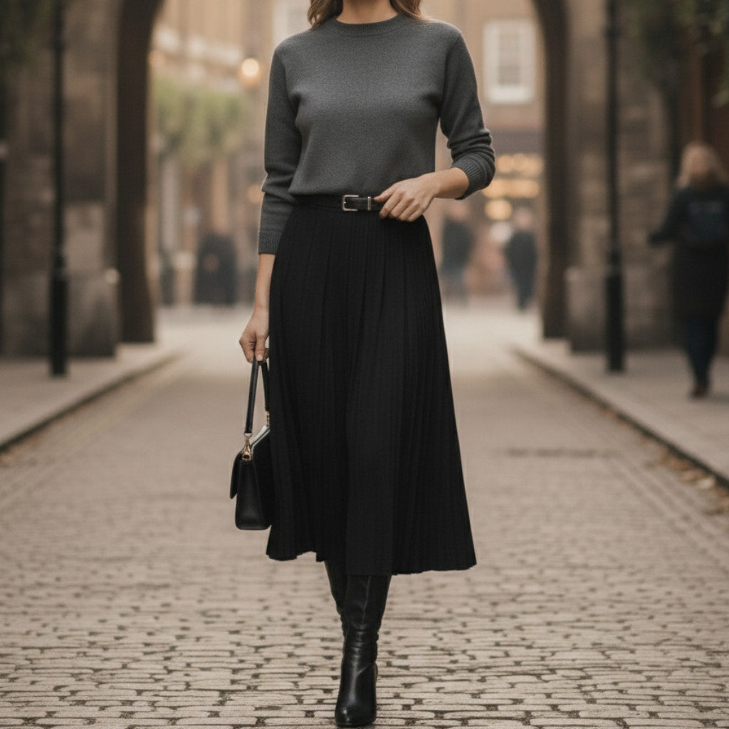 Pleated Midi Skirt for Women - Belted High-Waist A-Line Style
