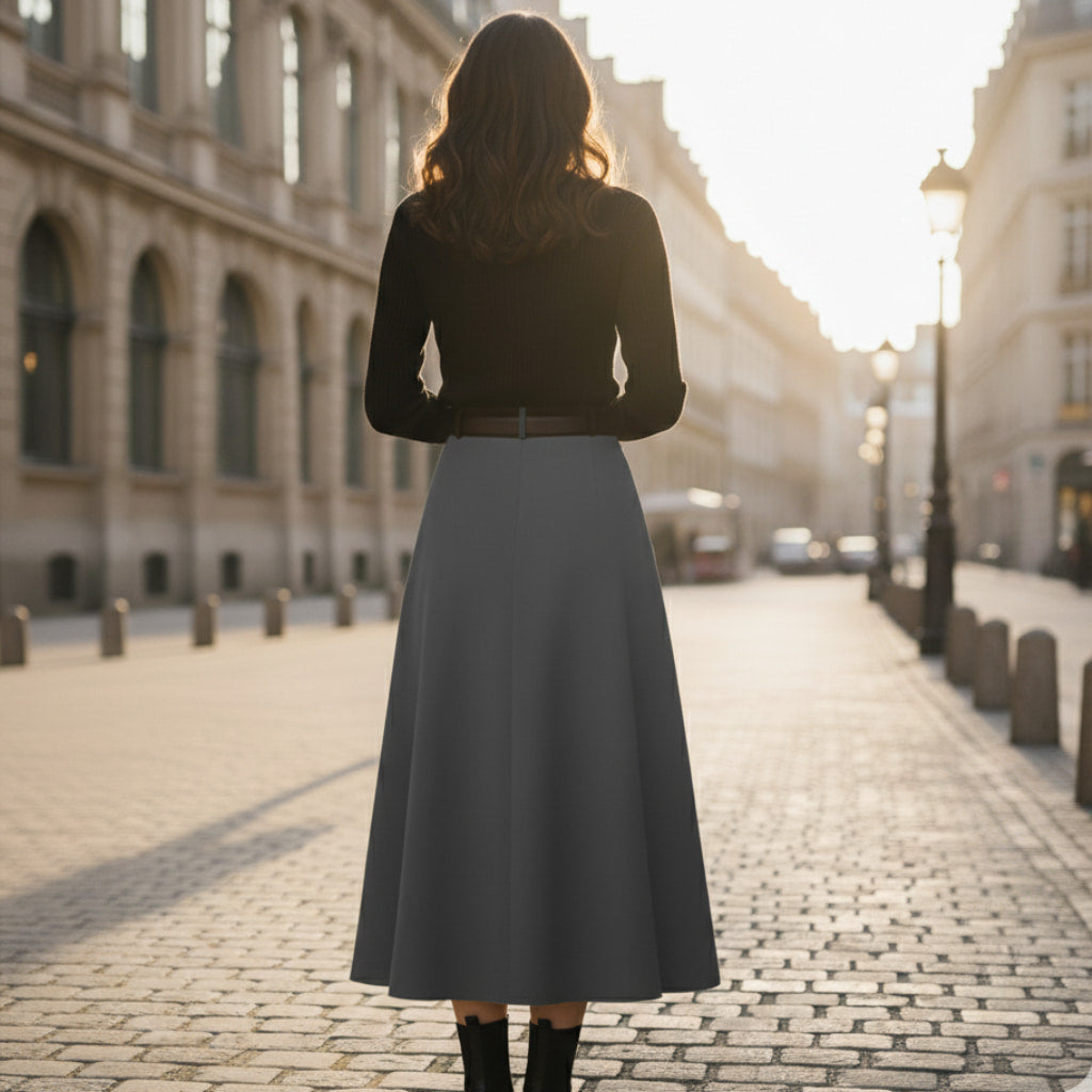 Pleated Midi Skirt for Women - Belted High-Waist A-Line Style