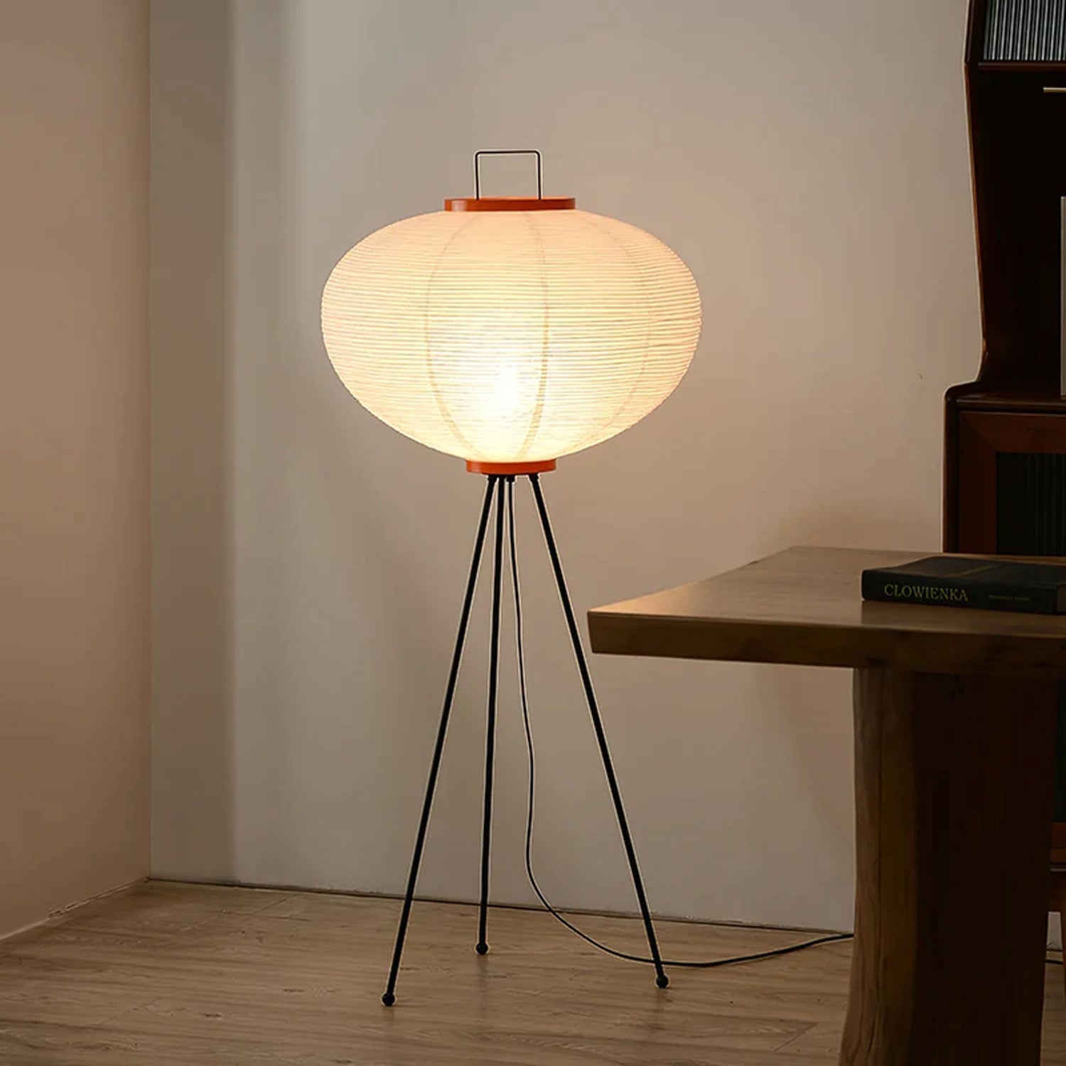 Rice Paper Floor Lamp with Warm Ambient Glow and Wooden Base