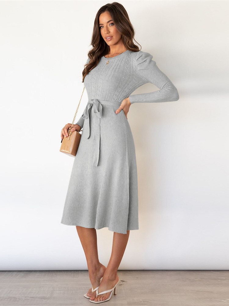 Women's Knit Dress with Long Sleeves, Belted A-Line