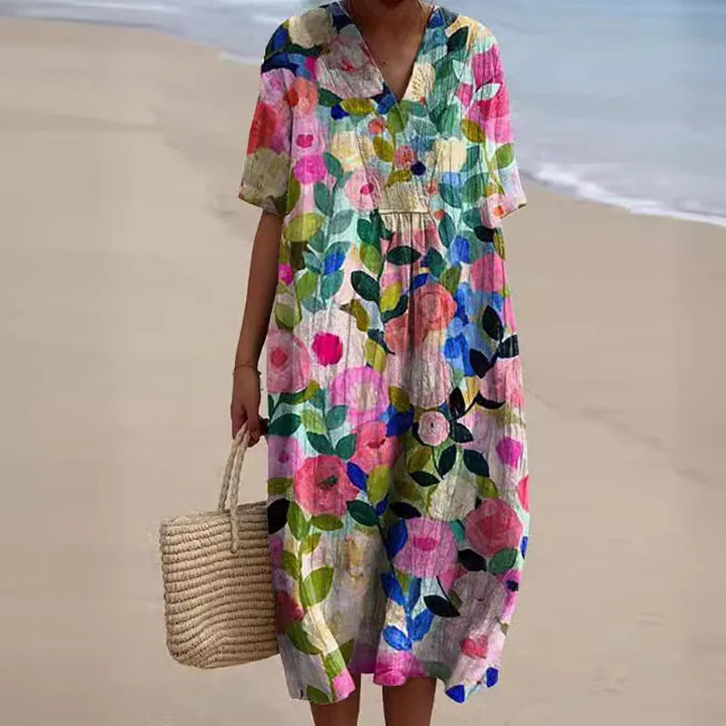 Floral V-Neck Dress with Adjustable Straps and Flowy Skirt
