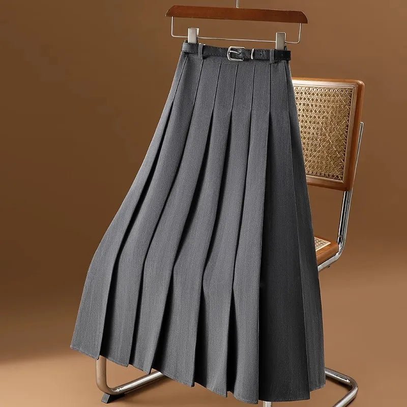Pleated Midi Skirt for Women - Belted High-Waist A-Line Style