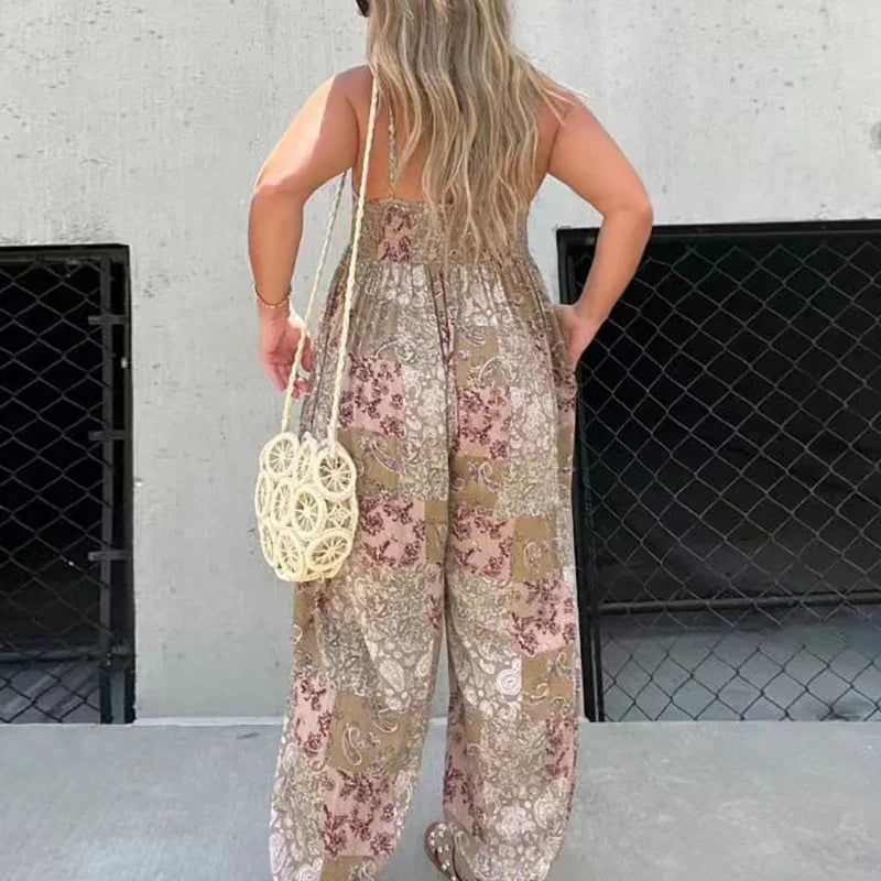 Retro Sleeveless Jumpsuit with Belted Waist and Flared Legs