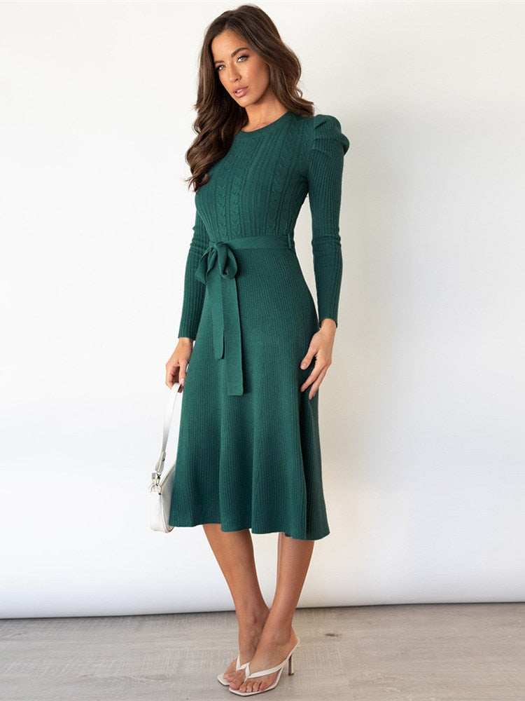 Women's Knit Dress with Long Sleeves, Belted A-Line