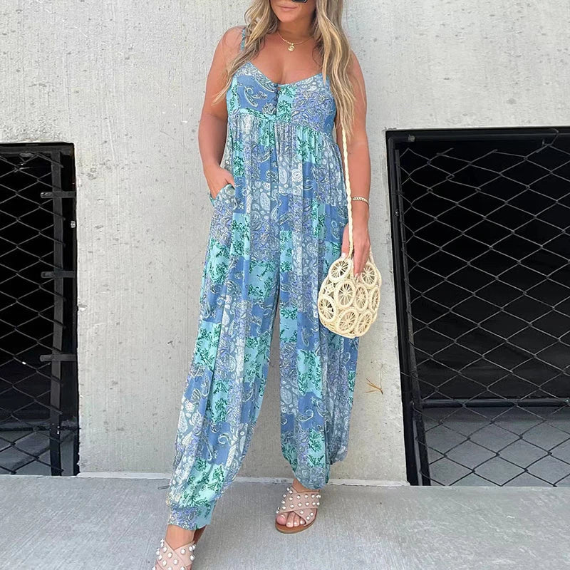 Retro Sleeveless Jumpsuit with Belted Waist and Flared Legs