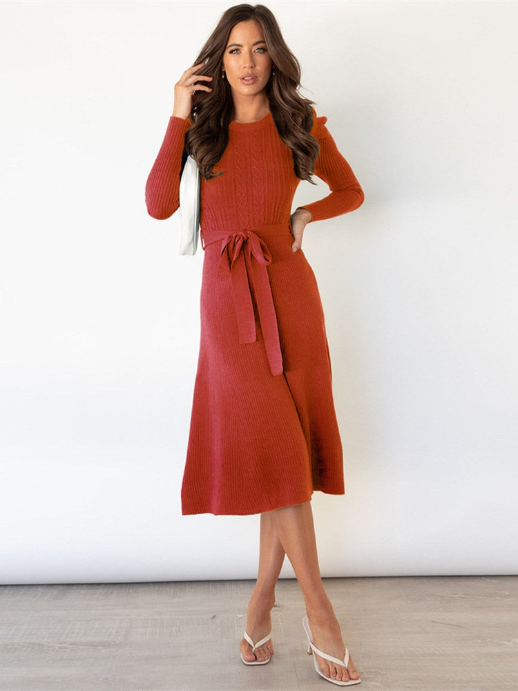 Women's Knit Dress with Long Sleeves, Belted A-Line