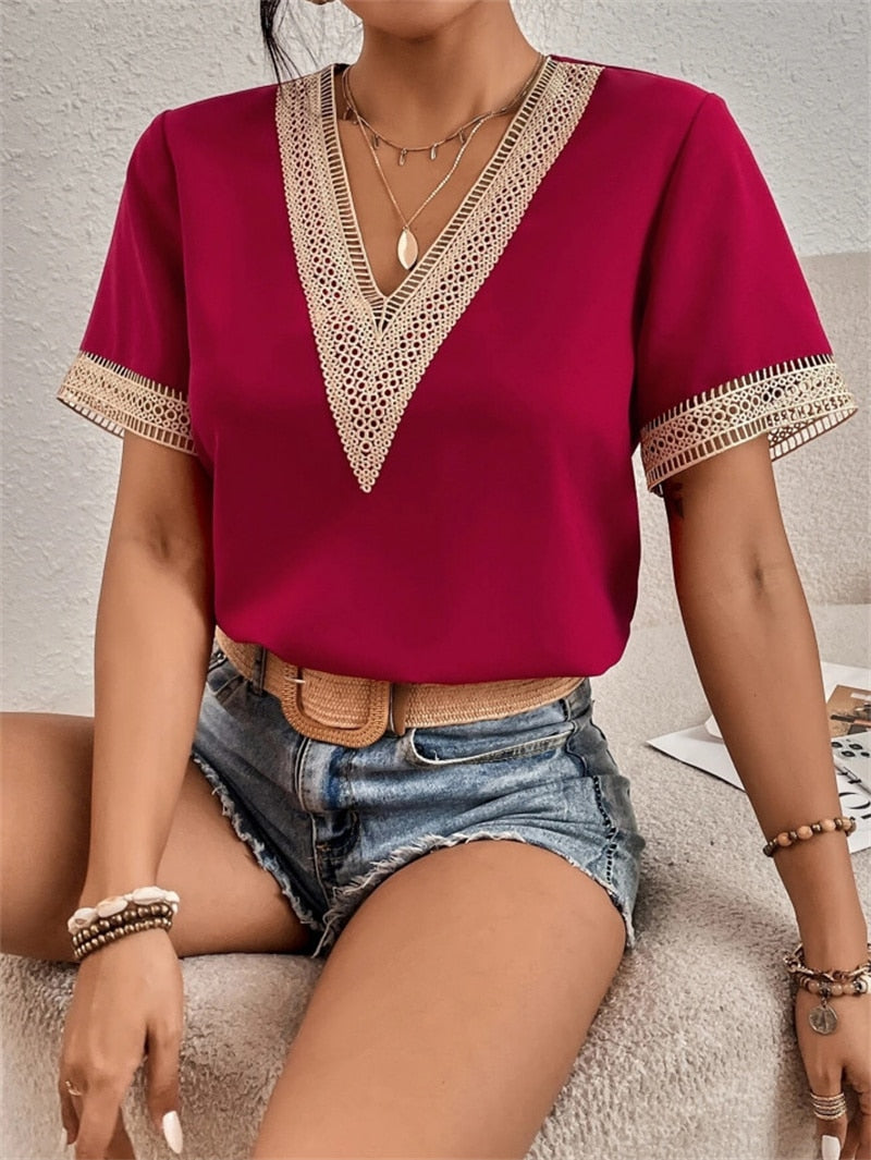 Embroidered V-Neck Blouse with Elegant Detailing