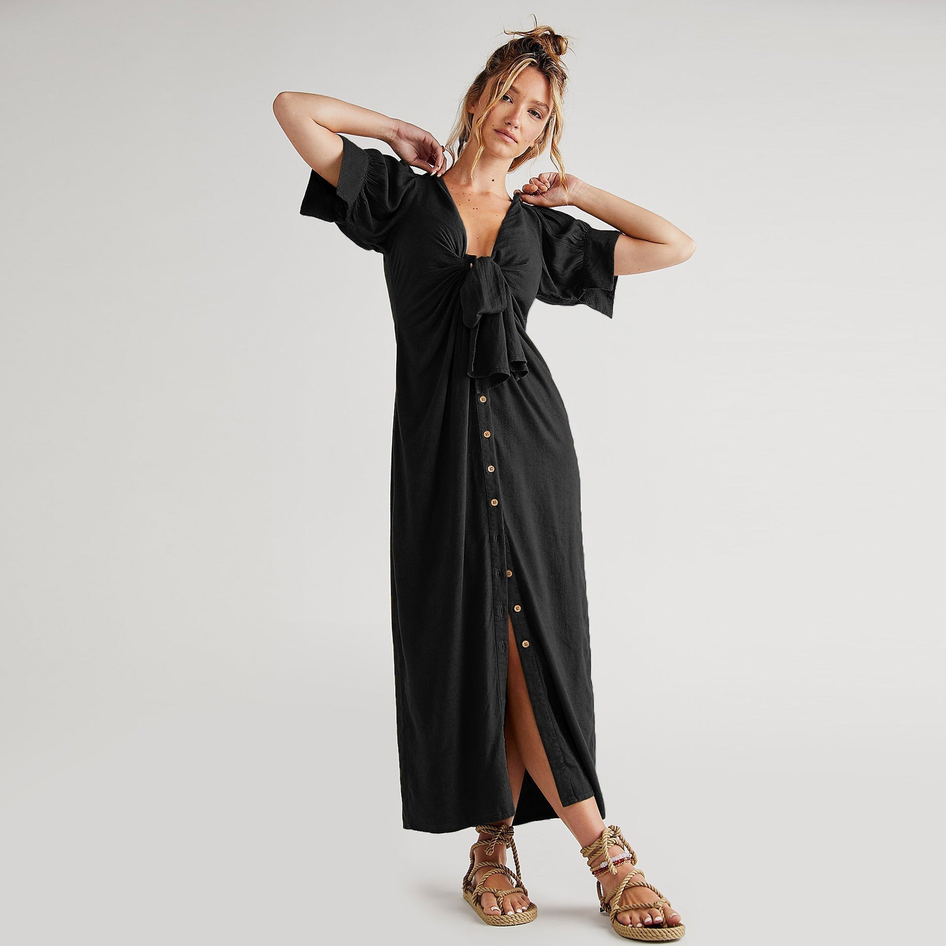 V-Neck Long Dress with Slit for Effortless Elegance