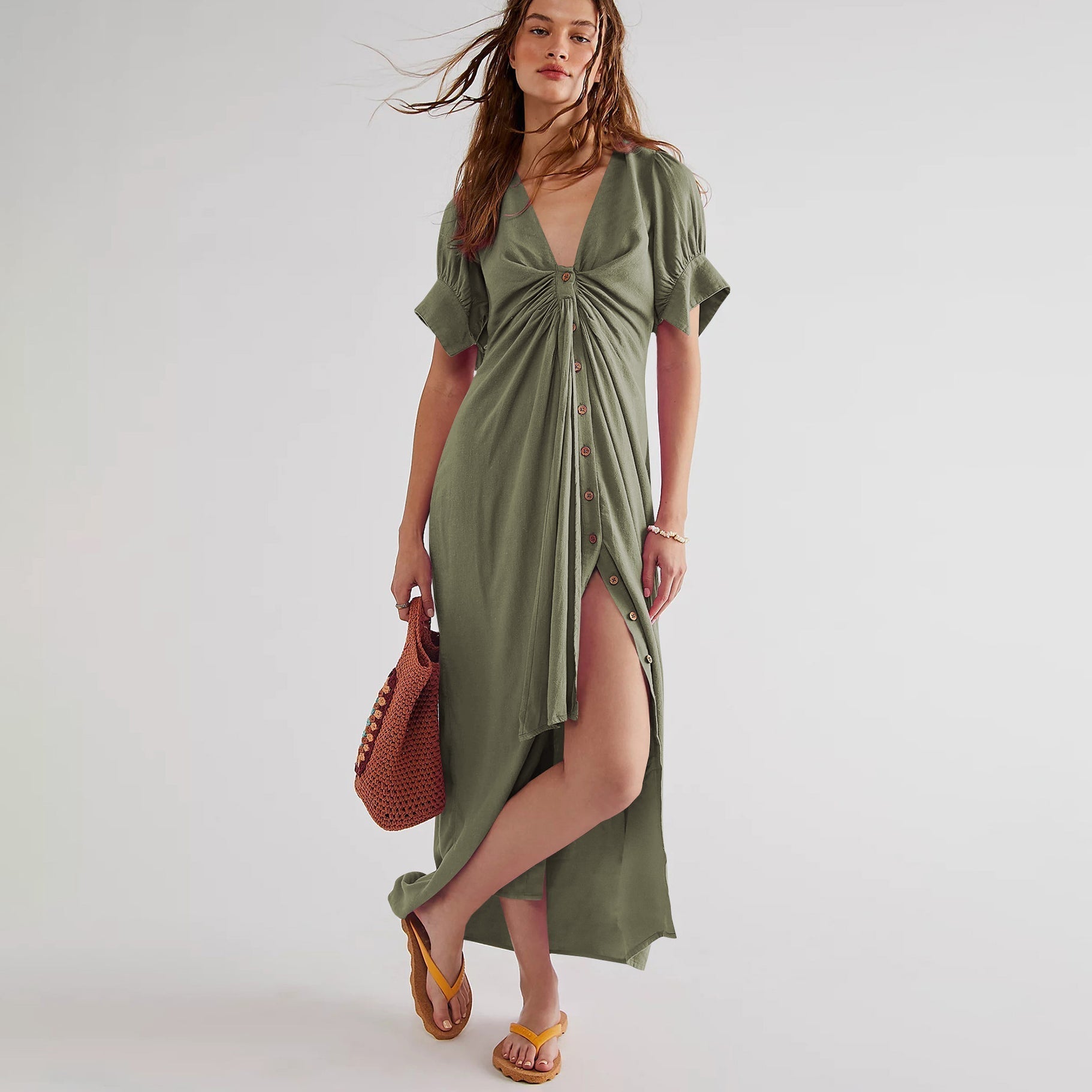 V-Neck Long Dress with Slit for Effortless Elegance