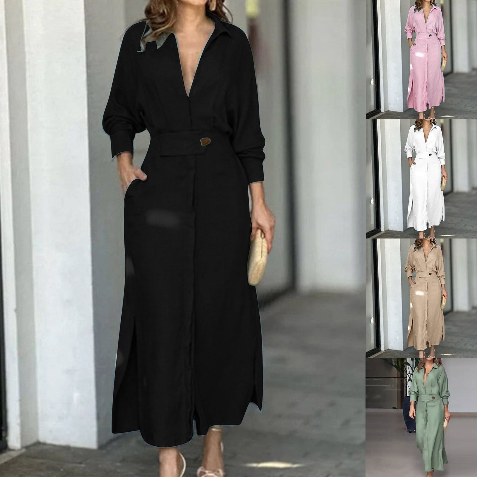 Rive Button-Up Shirt Dress with Side Openings for Easy Styling