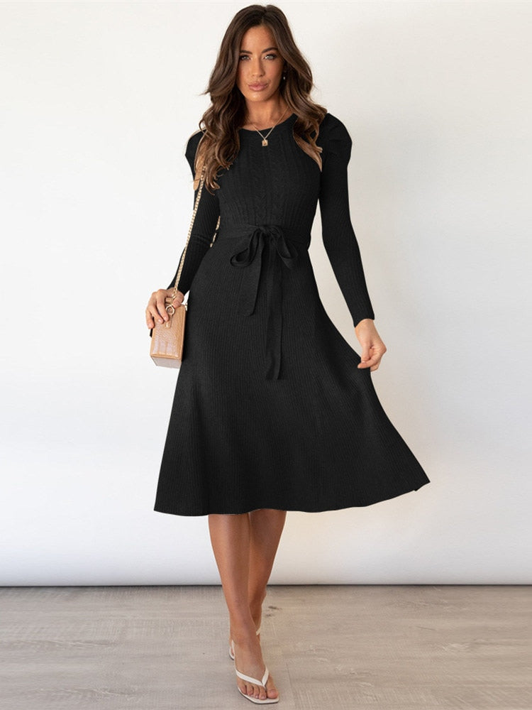 Women's Knit Dress with Long Sleeves, Belted A-Line