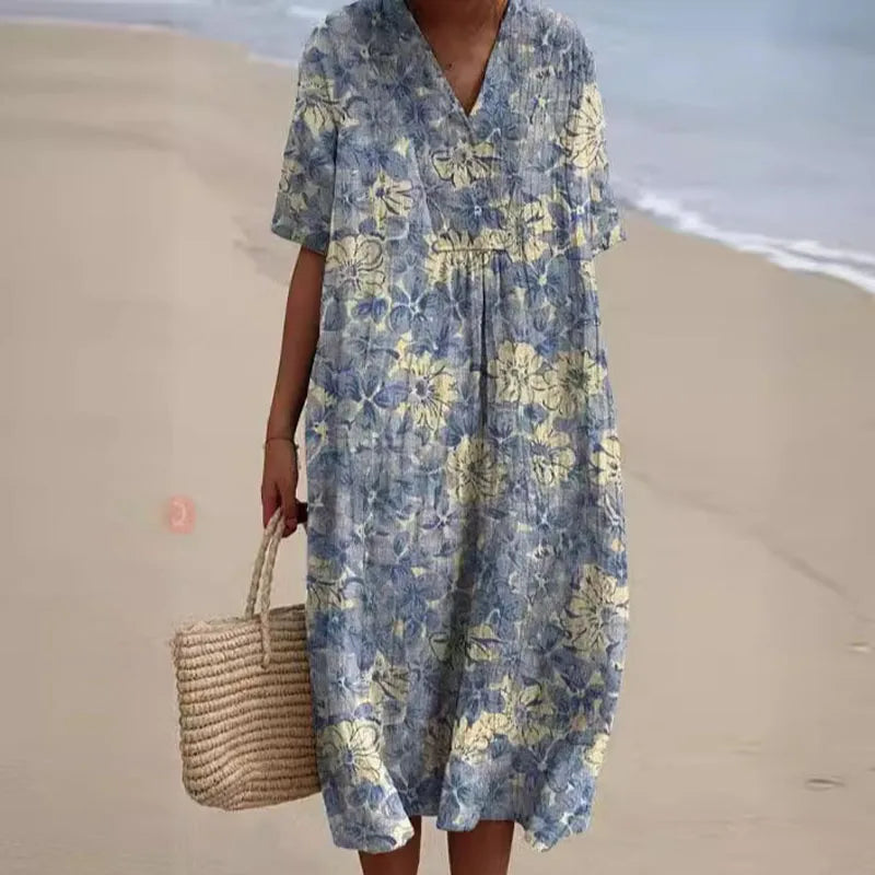 Floral V-Neck Dress with Adjustable Straps and Flowy Skirt
