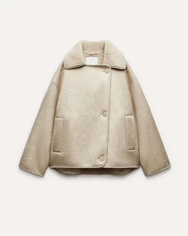 Synthetic Shearling and Leather Outerwear Coat for Warmth and Style