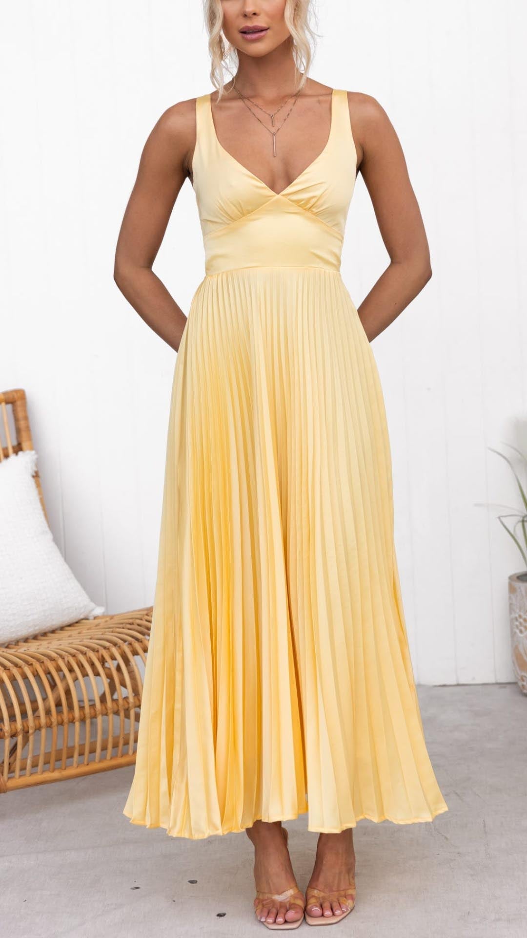Elegant Yellow Pleated V-Neck Dress for Special Occasions