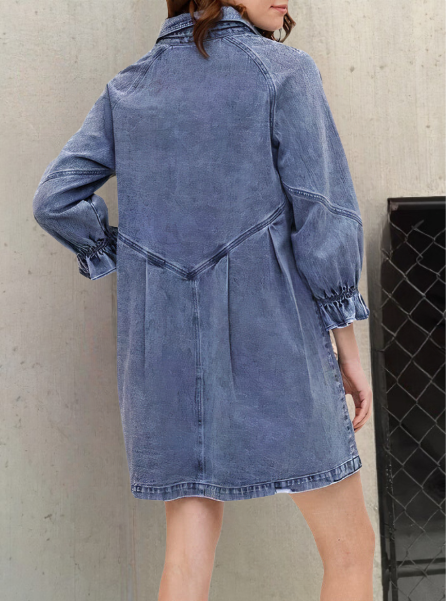 Casual Denim Shirt Dress with Pockets and Adjustable Waist