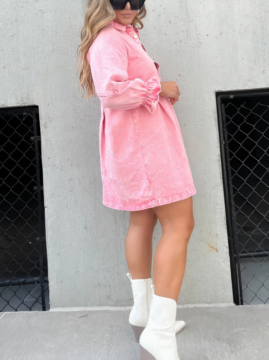 Casual Denim Shirt Dress with Pockets and Adjustable Waist