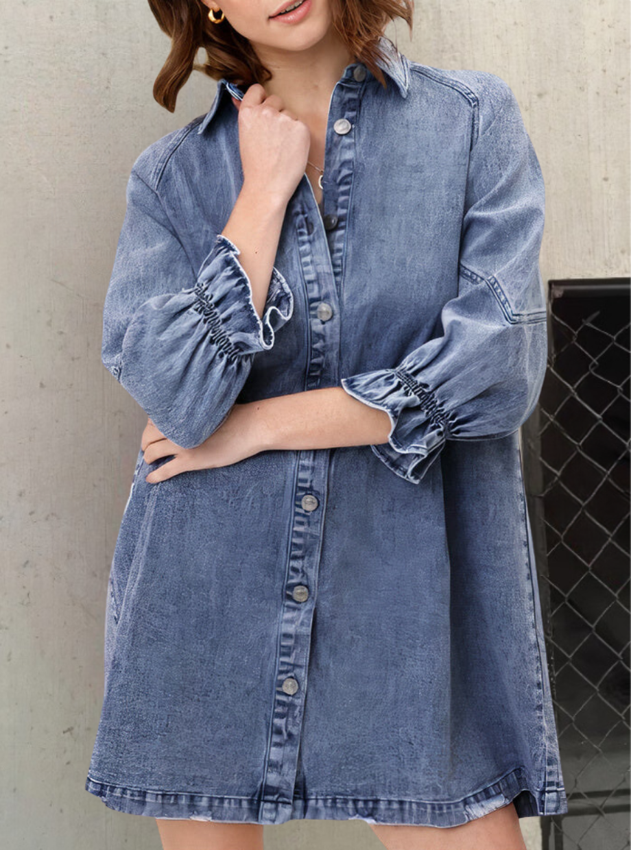 Casual Denim Shirt Dress with Pockets and Adjustable Waist