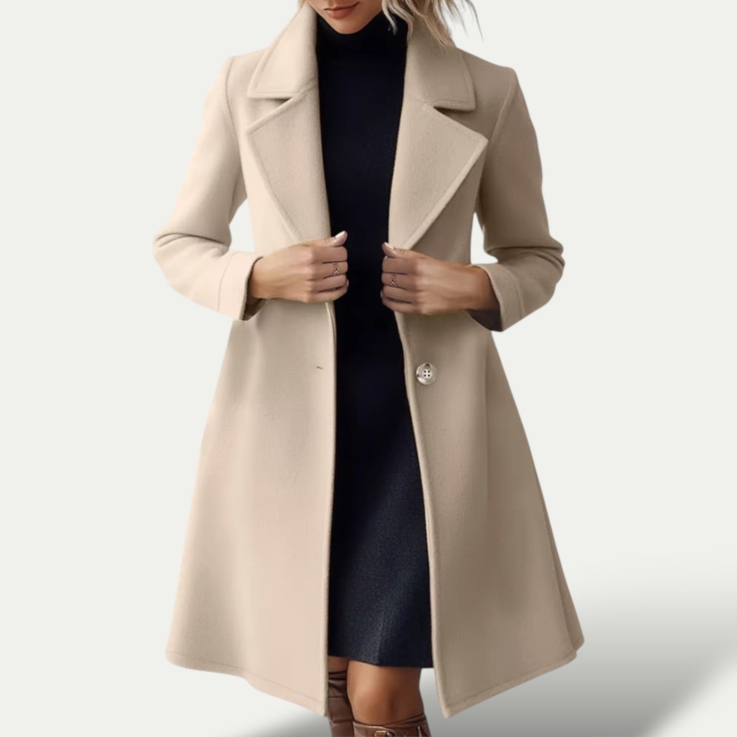 Beige Long Wool-Style Winter Overcoat With Lapels