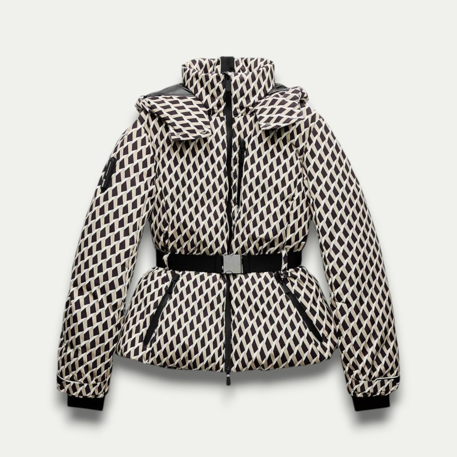 Beige Patterned Puffer Jacket, Belted, Water-Resistant