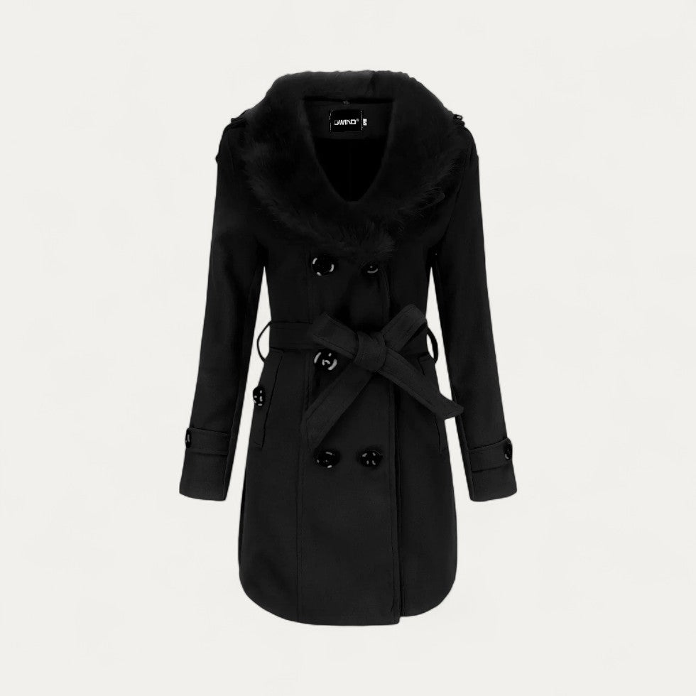 Women's Belted Trench Coat, Double-Breasted Faux Fur Collar