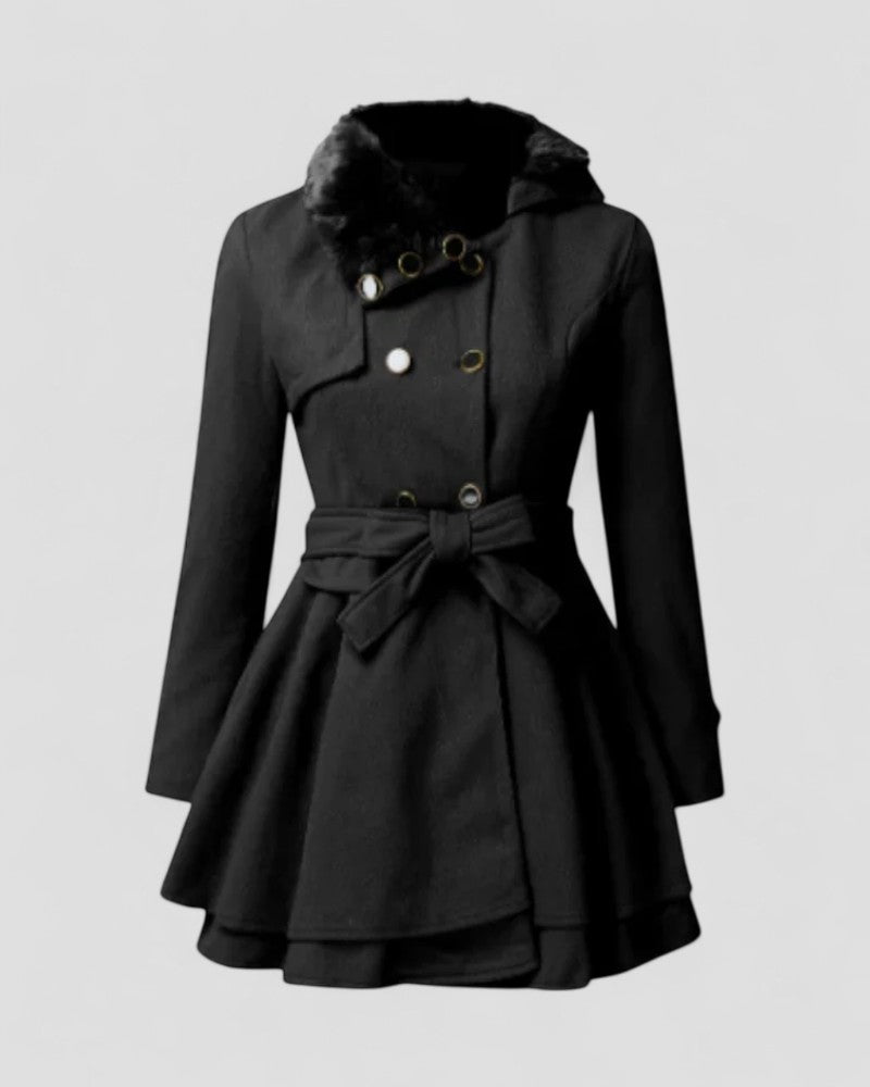 Women’s Double-Breasted Belted Winter Coat with Fur Collar