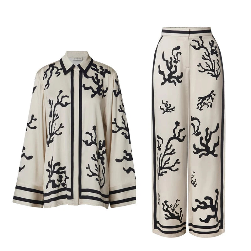 Coral Floral Print Blouse and Trouser Set for Women