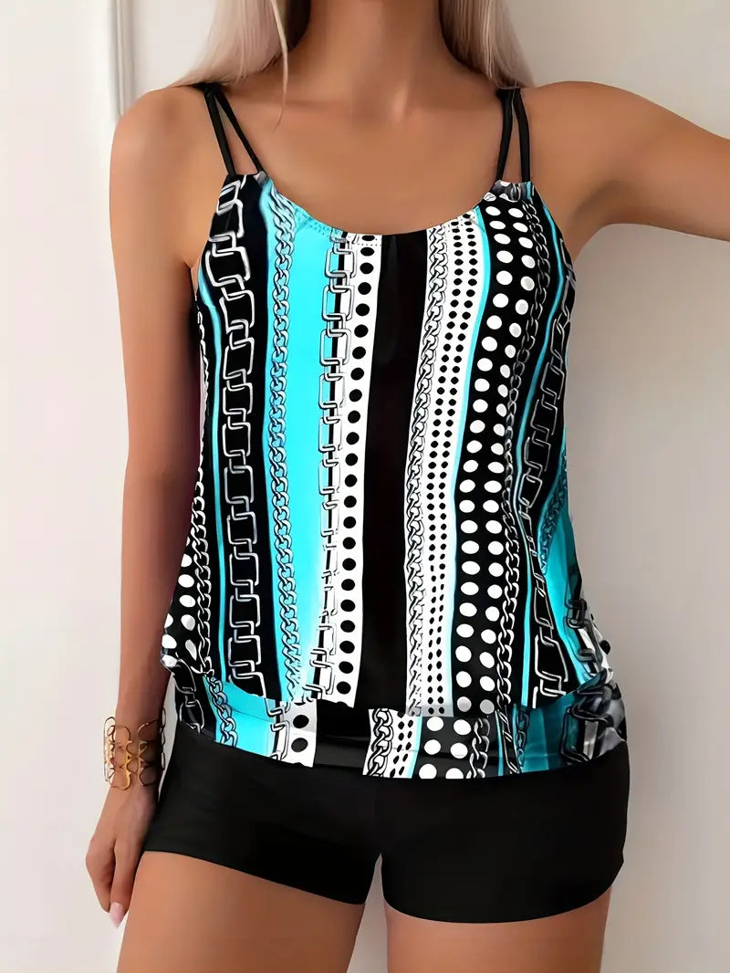 Striped and Polka Dot Ivy Tankini with High Elasticity