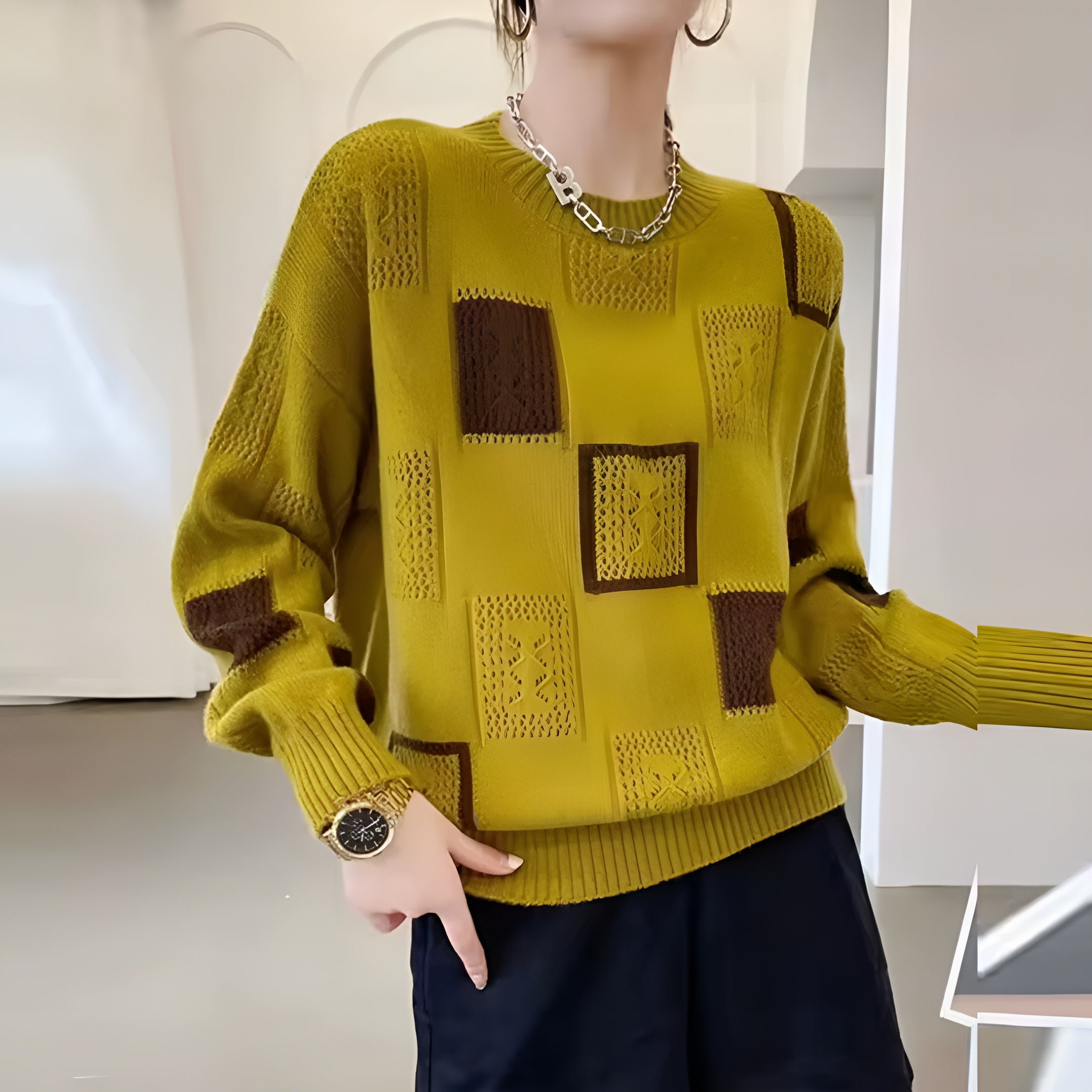 Patchwork Knit Sweater – Modern Geometric Style