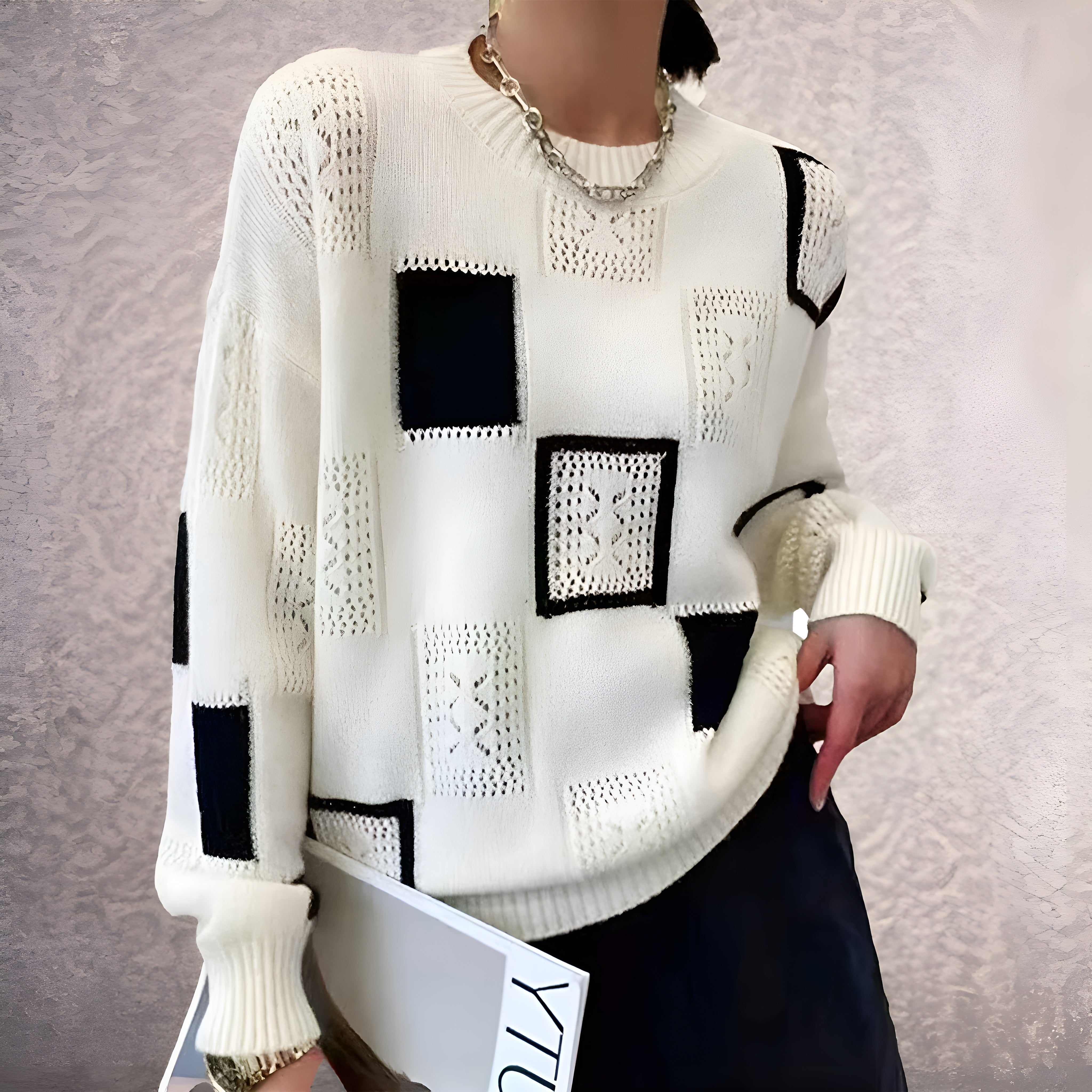 Patchwork Knit Sweater – Modern Geometric Style
