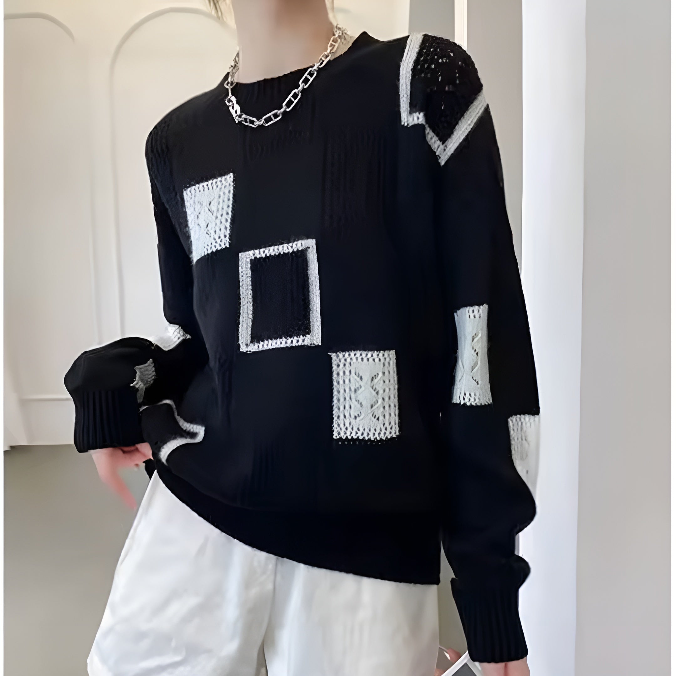 Patchwork Knit Sweater – Modern Geometric Style