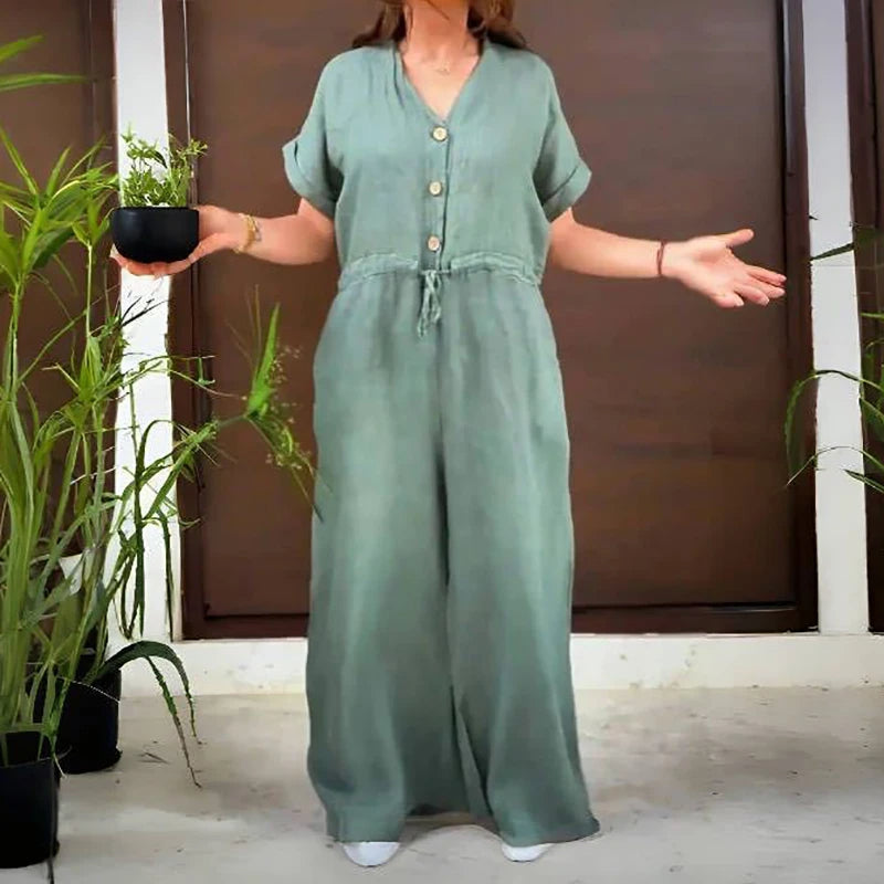 Pink Linen Jumpsuit with Adjustable Straps and Relaxed Fit