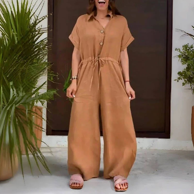 Pink Linen Jumpsuit with Adjustable Straps and Relaxed Fit