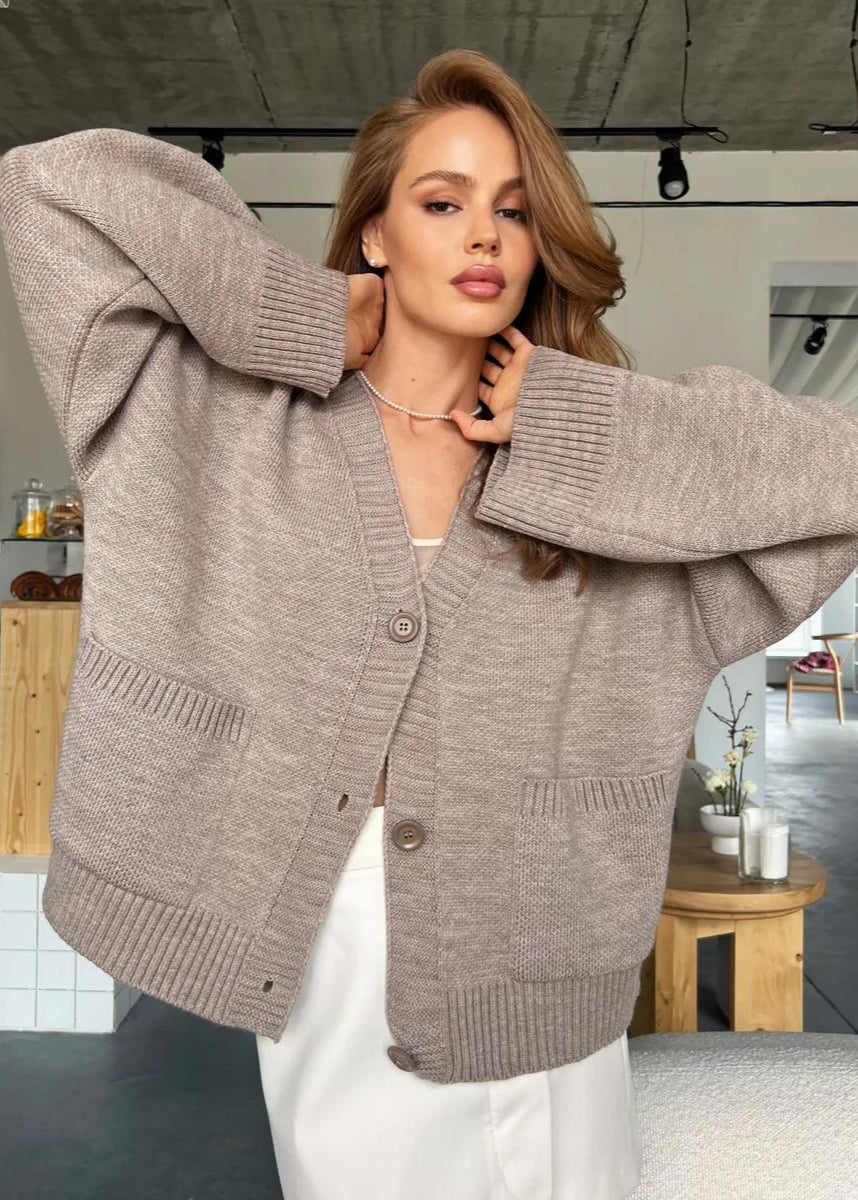 Women’s Oversized Knit Cardigan – V-Neck, Button Front, Long Sleeve