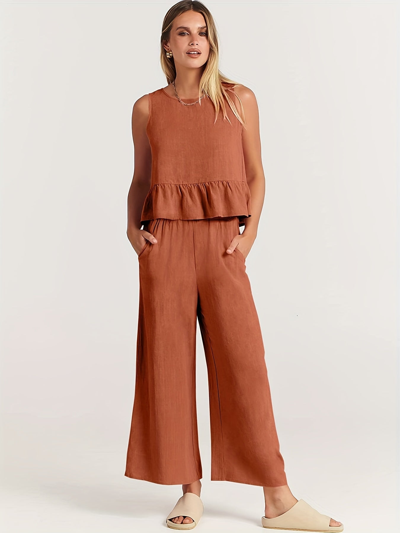 Sleeveless Blouse and Wide-Leg Trousers Set for Effortless Style