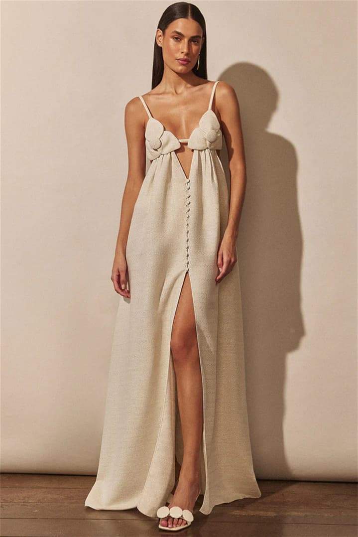 V-Neck Celeste Maxi Dress with Floral Slit