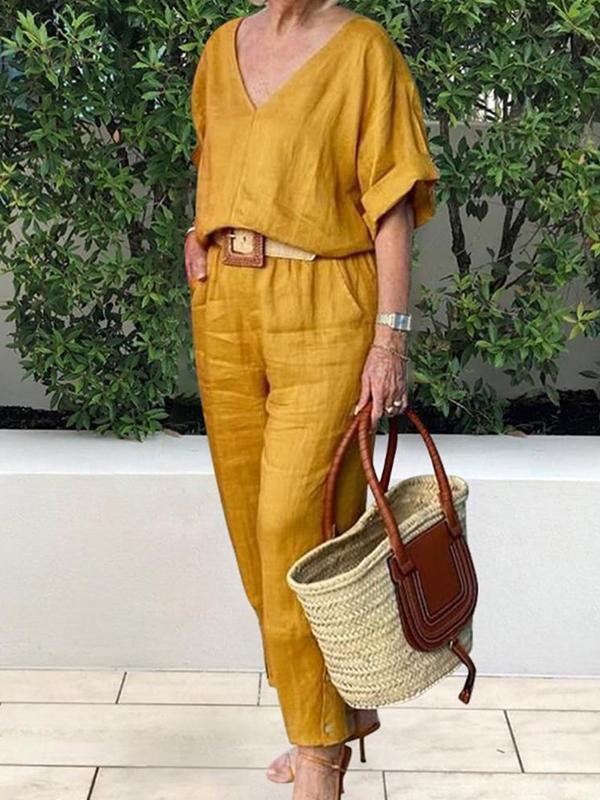 Women's V-Neck Blouse and Trousers Set in Cotton and Linen