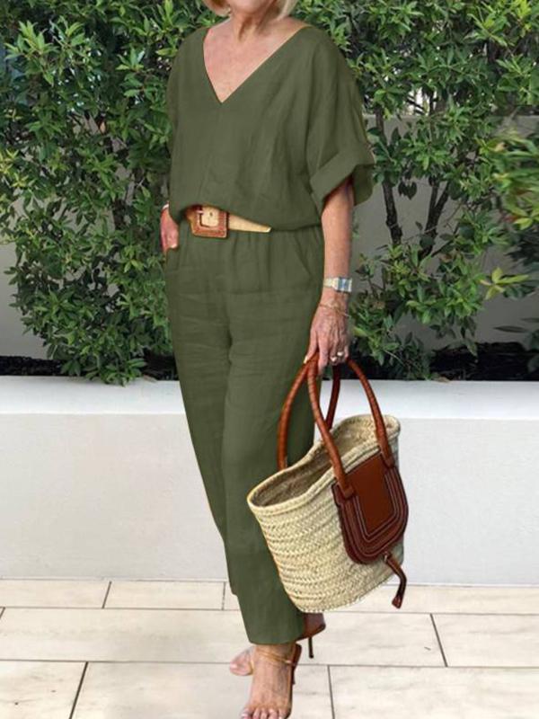Women's V-Neck Blouse and Trousers Set in Cotton and Linen