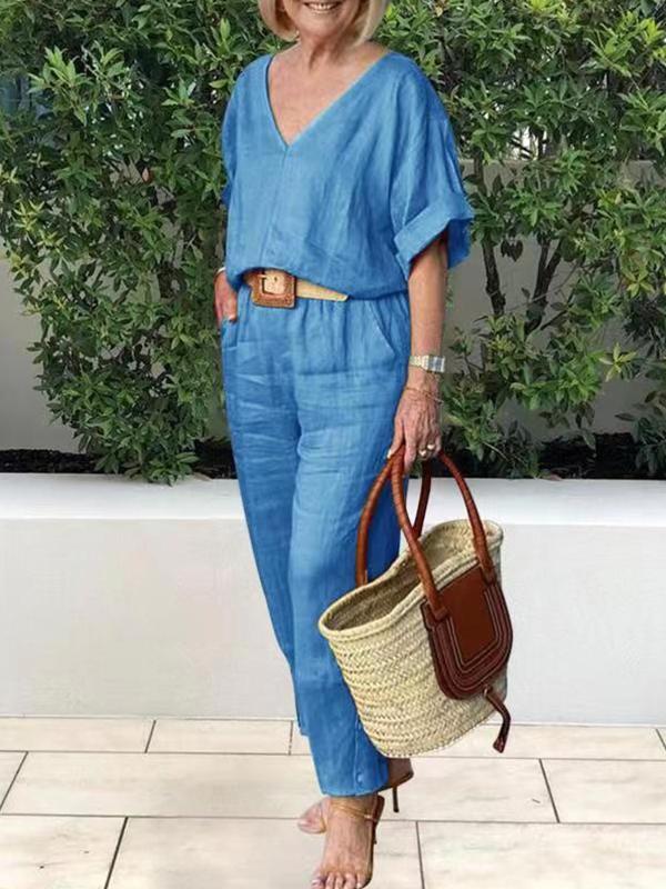 Women's V-Neck Blouse and Trousers Set in Cotton and Linen