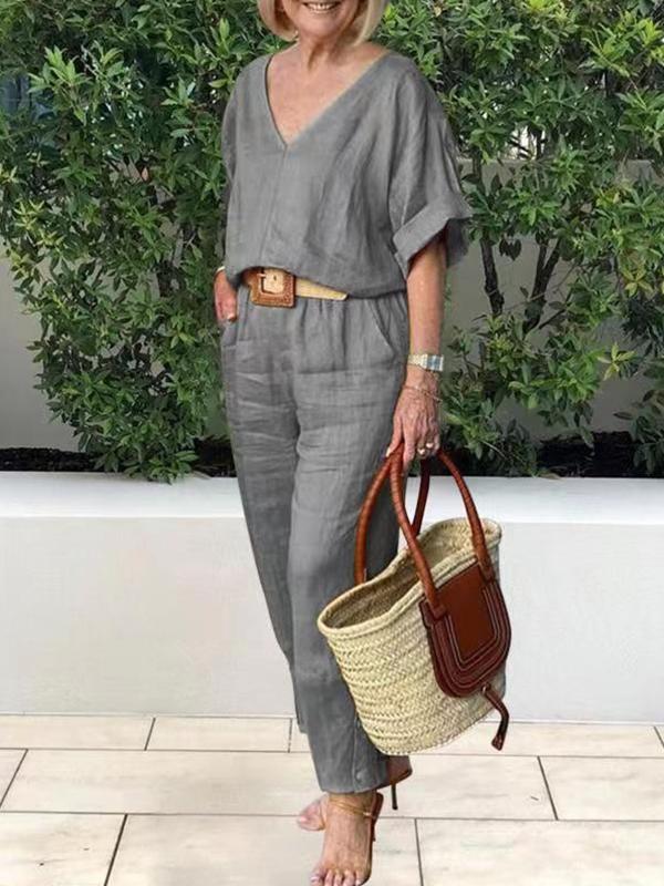 Women's V-Neck Blouse and Trousers Set in Cotton and Linen